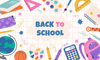 Back to school banner template. Flat cartoon hand draw illustration. Vector background with cute school supplies for study and creativity. Perfect for social media, print, flyers, cards.