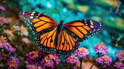 Fototapeta na wymiar a monarch butterfly sitting on top of a purple and yellow flower filled field of purple and yellow flowers in the foreground, with a blue sky in the background. generative ai