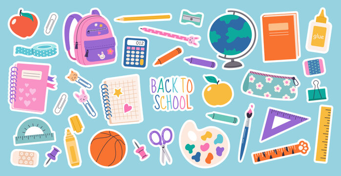 Set of school supplies and education stickers. Back to school. Backpack, books, globe, pencil box, paints, ruler, pen, pencil. Suitable for prints, cards, paper crafts, scrapbooking.