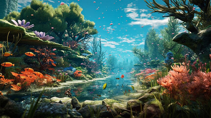 Fototapeta na wymiar Majestic imagination under water with big tree nature landscape background. Generative Ai.