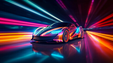 Futuristic Sports Car on Neon Highway. Powerful acceleration of a super car with colorful lights trails. Generative Ai.