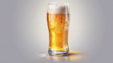  a tall glass of beer with ice on a gray background with a reflection of light coming from the bottom of the glass and the bottom of the glass.  generative ai