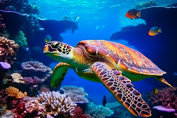 Fototapeta na wymiar Sea turtle under the sea with corals. Ai Generative.