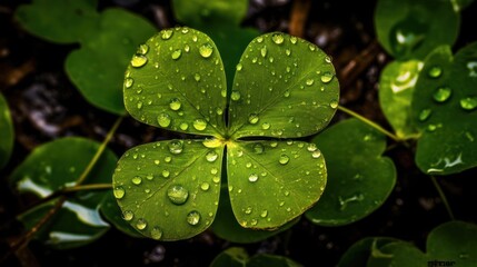 A vivid close-up of a four-leaf clover . St. Patrick's Day. Generative AI. 