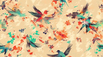  a painting of birds flying in the air with flowers on a beige background with red and blue colors on the wings of the birds and flowers on the ground.  generative ai