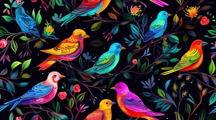  a group of colorful birds sitting on top of a tree filled with leaves and flowers on a black background with red, yellow, orange, blue, and green leaves. generative ai