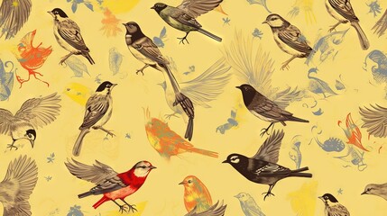  a bunch of birds that are on a yellow background with blue and red feathers on it and a yellow background with blue and yellow feathers on it.  generative ai