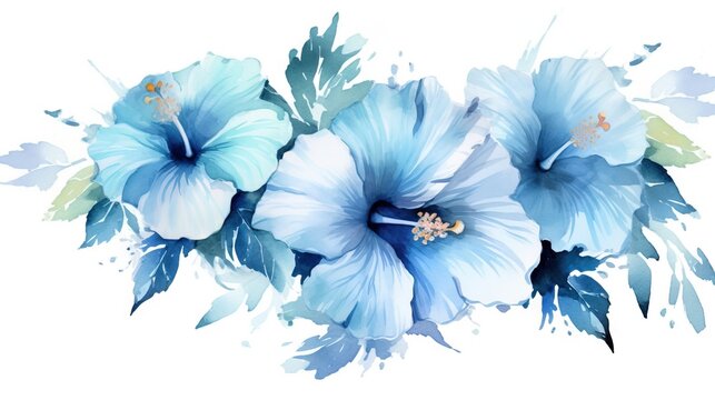  two blue flowers with green leaves on a white background with watercolor paint strokes on the edges of the image and the bottom half of the flowers.  generative ai