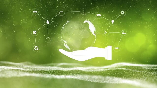 Person hands holds earth planet with eco icons on artistic green loop background.