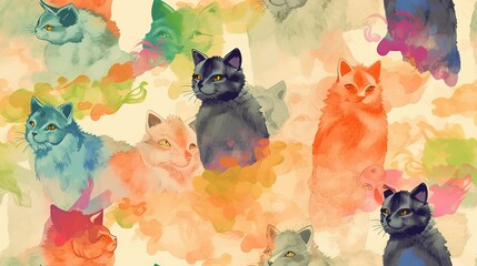  a group of cats sitting next to each other on top of a colorful wallpaper covered in watercolor stains and stains of paint on a white background.  generative ai
