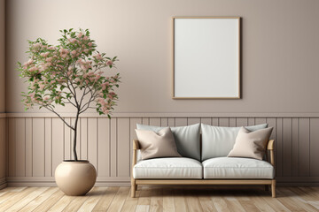 Naklejka premium Step into a room with a beige wall and a mockup frame photo, providing a neutral backdrop for showcasing cherished memories. Generative Ai.