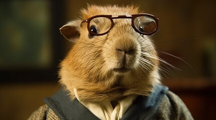  a close up of a rodent wearing a suit and tie with glasses on it's head and looking at the camera with a serious look on its face.  generative ai