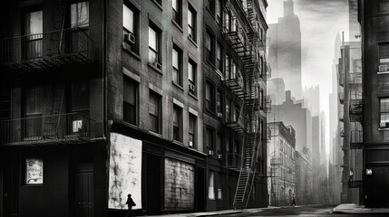  a man walking down a street next to tall buildings in a city with a fire escape on the side of the street and a fire escape ladder up to the building.  generative ai - obrazy, fototapety, plakaty