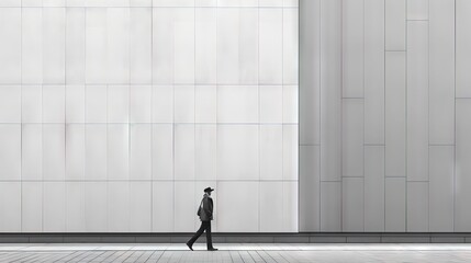  a man in a suit and hat walking in front of a tall white building with a large window on the side of the building,.  generative ai