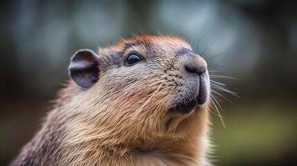  a close up of a capybara looking up into the sky with a blurry forest in the back ground behind it and trees in the background.  generative ai