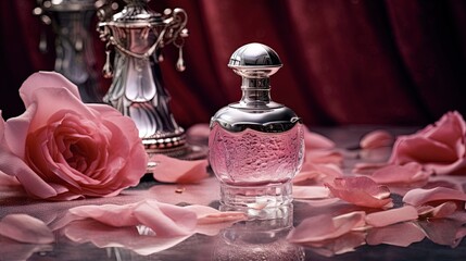 Obraz na płótnie Canvas a bottle of perfume sitting on a table next to a rose and a silver vase with a rose in it on a table with petals. generative ai