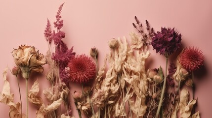  dried flowers against a pink background with a pink wall in the backround of the photo, with a pink wall in the backround of the photo.  generative ai