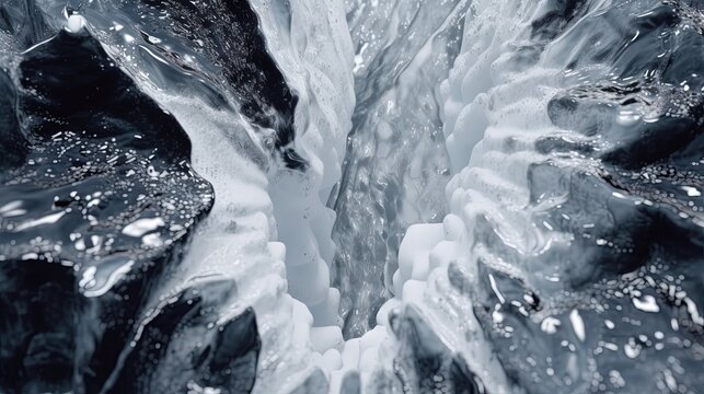  a black and white photo of water and ice in a stream of water that is flowing down the side of a mountain side, with snow on the side of the edge.  generative ai