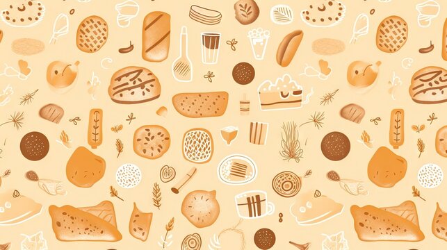  a lot of different types of food on a yellow background with a pattern of breads and other food items on the bottom of the image.  generative ai