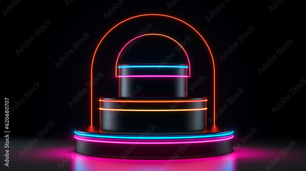 Wall mural rotating product display podium with rounded neon color light circle in black background. generative