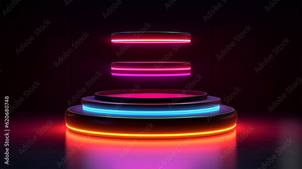 Wall mural rotating product display podium with rounded neon color light circle in black background. generative