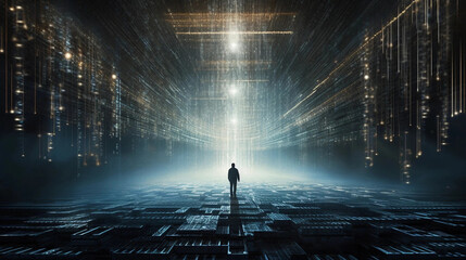 A Person Standing Within a Vast Digital Matrix Generative AI - obrazy, fototapety, plakaty