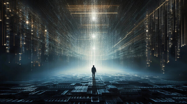 A Person Standing Within a Vast Digital Matrix Generative AI