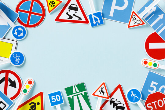 Frame made of road traffic signs. Banner design for driving school