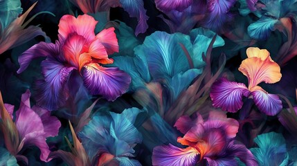  a close up of a bunch of flowers with leaves on it's sides and a blue and orange flower on the other side of the flowers.  generative ai