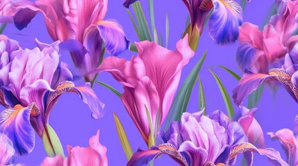  a bunch of flowers that are on a purple background with pink and purple flowers in the middle of the picture and green stems in the middle of the picture.  generative ai