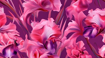  a bunch of pink flowers are on a purple background with pink leaves and stems in the center of the picture, and a purple background is very vivid.  generative ai