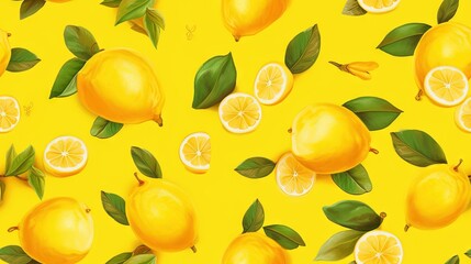  a yellow background with lemons and leaves on a yellow background with green leaves and lemons on the side of the image, and on the top of the image are lemons with leaves and.  generative ai