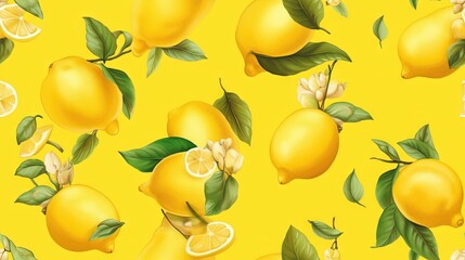  a bunch of lemons with leaves and flowers on a yellow background with the word lemon written in the middle of the picture and the image.  generative ai