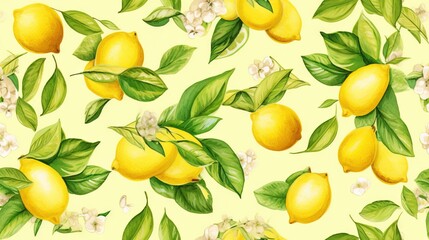  a painting of lemons with leaves and flowers on a yellow background with white flowers and green leaves on a yellow background with white flowers and green leaves.  generative ai