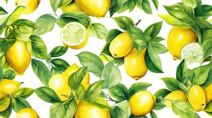  a painting of a lemon tree with leaves and lemons on a white background with green leaves and a lemon on the top of the branch.  generative ai