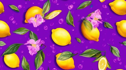 Obraz na płótnie Canvas a purple background with lemons, flowers and leaves on a purple background with bubbles and drops of water on the bottom of the image. generative ai