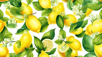  a bunch of lemons with leaves and flowers on a white background with a white flower and green leaves on the top of the lemons.  generative ai
