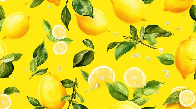  a painting of lemons and leaves on a yellow background with drops of water on the leaves and on the fruit on the branches, and on the ground.  generative ai