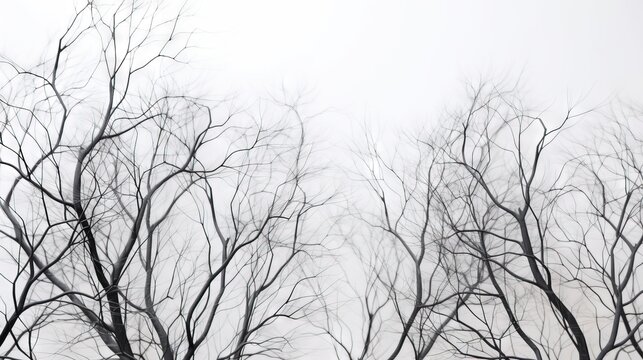  a black and white photo of trees without leaves on a foggy day with a clock in the middle of the picture and a sky in the background.  generative ai