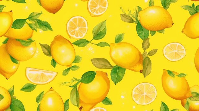  a painting of lemons and limes with leaves on a yellow background with stars and sparkles on the top of the image and bottom half of the image.  generative ai
