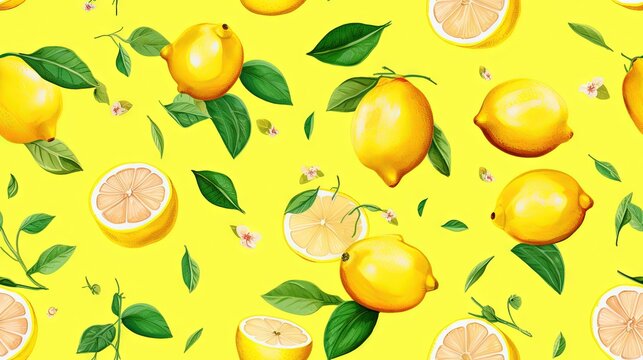 a painting of lemons with leaves and flowers on a yellow background with leaves and flowers on the top of the image and on the bottom half of the image.  generative ai