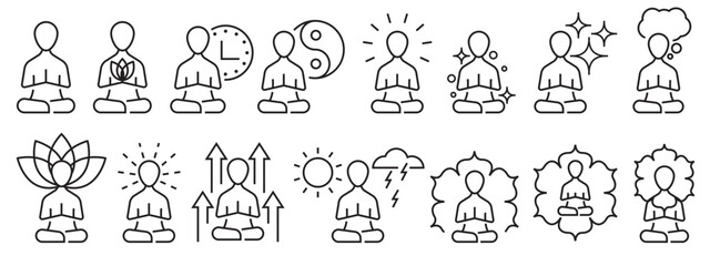 Yoga meditation practice icon set collection in black and white. Ancient exercise for spiritual calmness and peace for mind, body in sitting position. Men or human with flower behind brain web app ui.