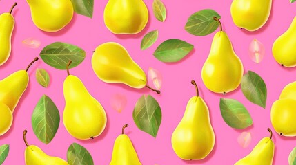  a pink background with yellow pears and green leaves on a pink background with a pink background and a pink background with a pink background.  generative ai