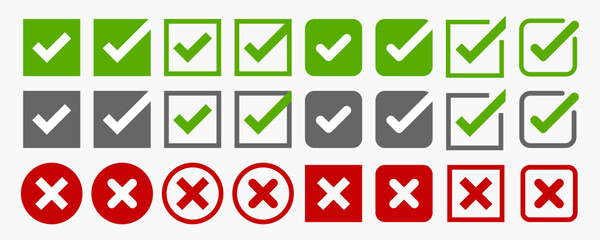 Big set of flat buttons on white background: green checkmarks and red crosses for use. Circle, hard and rounded corners. - Vector illustration.