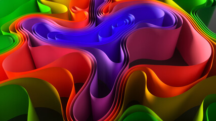 Abstract 3d ribbon or strip rolled up, rainbow colored waving layers.