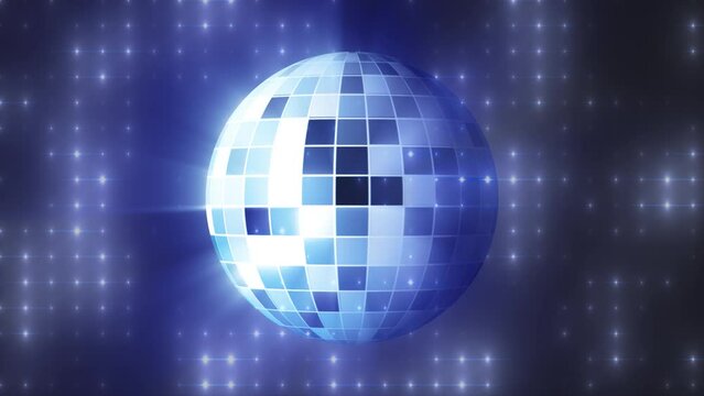 Abstract looped blue mirrored spinning round disco ball for discos and dances in nightclubs 80s, 90s luminous background