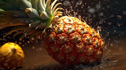  a pineapple and a banana are splashing in the water on a table with drops of water on the surface and on the table.  generative ai
