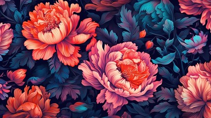  a bunch of flowers that are on a wallpaper pattern in pink, blue, and red colors with leaves and flowers in the background.  generative ai