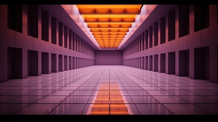  a long hallway with a long ceiling and tiled floor and a row of lights on the side of the room and a row of windows on the side of the wall.  generative ai