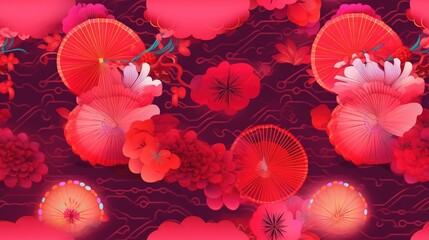  a pattern of red flowers and umbrellas on a purple background with a red background and a red background with a red and white umbrella.  generative ai